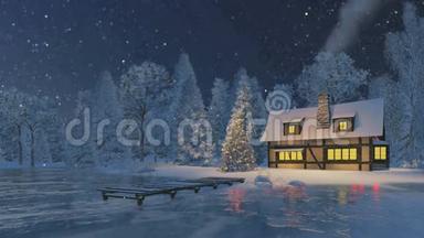 雪夜的乡村别墅和圣诞树